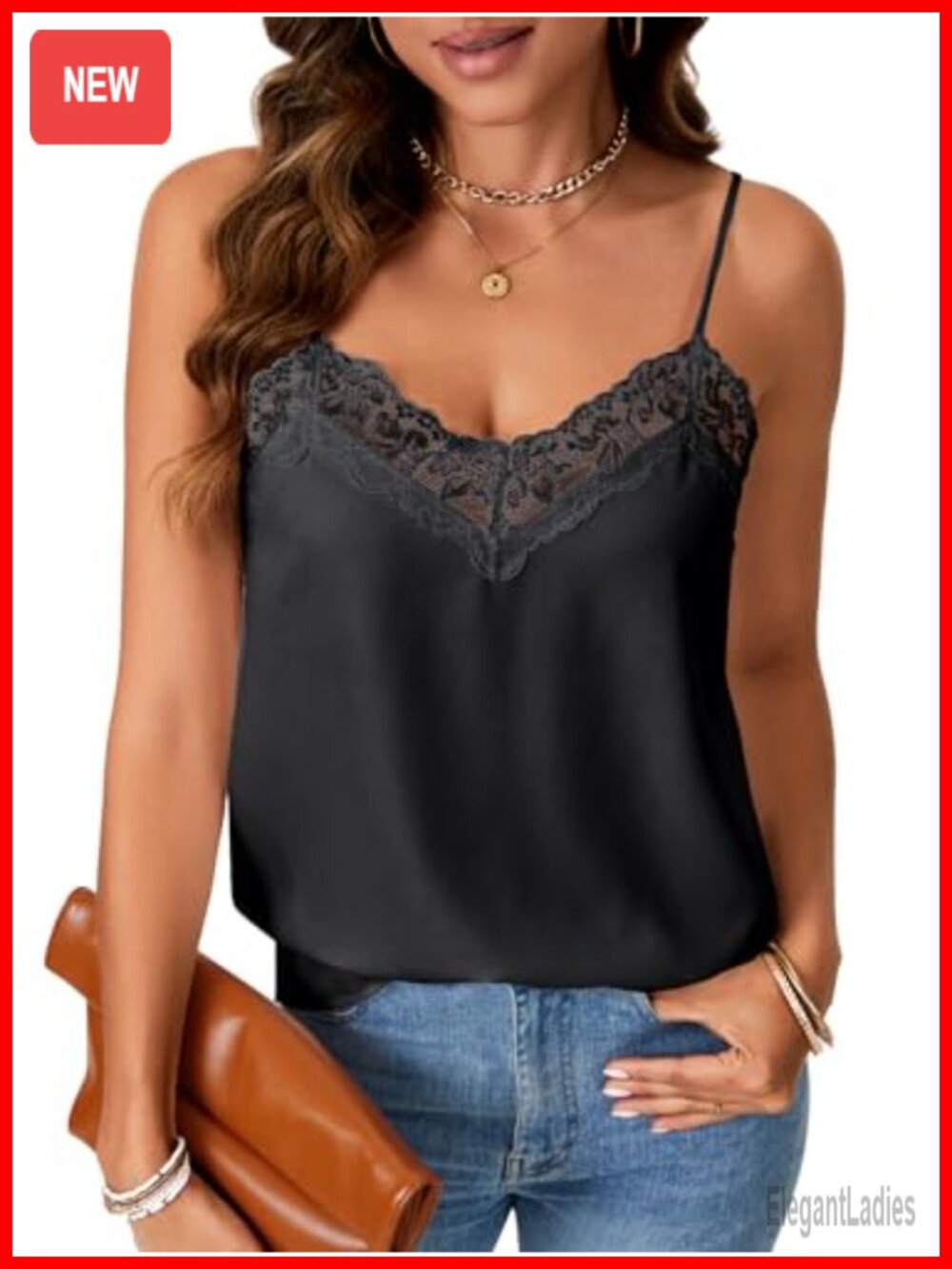 Satin Lace Trim V-Neck Cami Tank Top Adjustable Spaghetti Strap